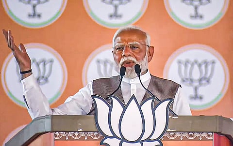 Prime Minister Narendra Modi addresses during a public meeting for Lok Sabha polls, in Ambala.