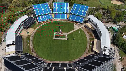 Aerial shot of the Nassau County Cricket Stadium during the month of May.