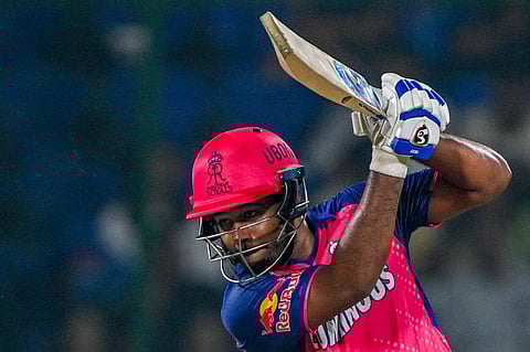 Rajasthan Royals' captain Sanju Samson plays a shot during the IPL Twenty20 cricket match between Delhi Capitals and Rajasthan Royals at the Arun Jaitley Stadium in New Delhi on May 7, 2024.