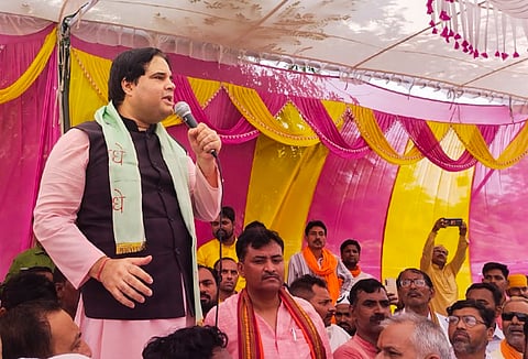 BJP leader Varun Gandhi addresses a rally in support of his mother and party candidate from Sultanpur constituency Maneka Gandhi for Lok Sabha elections, in Sultanpur, Thursday, May 23, 2024.