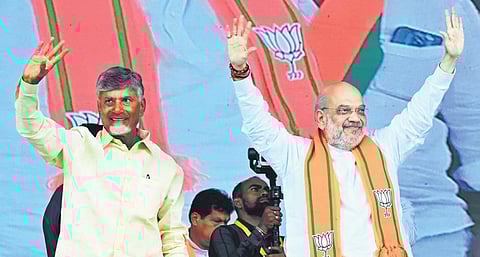 Union Home Minister Amit Shah and TDP supremo N Chandrababu Naidu during the Prajagalam public meeting at Dharmavaram on Sunday