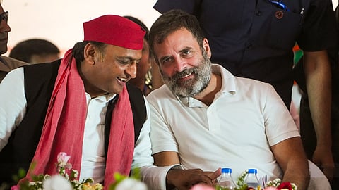 Congress leader Rahul Gandhi and Samajwadi Party (SP) chief Akhilesh Yadav during an election rally for the Lok Sabha polls, in Kanpur, Friday, May 10, 2024.