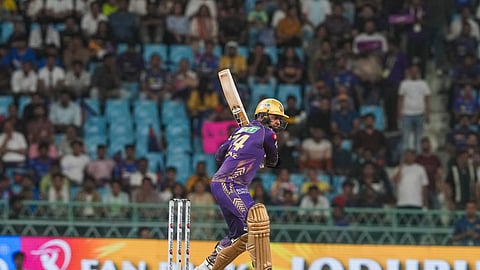 Kolkata Knight Riders player Sunil Narine plays a shot during the Indian Premier League (IPL) 2024 T20 cricket match between Lucknow Super Giants and Kolkata Knight Riders, at Bharat Ratna Shri Atal Bihari Vajpayee Ekana Cricket Stadium.