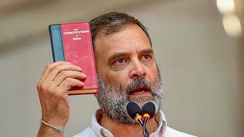Congress leader Rahul Gandhi addresses a public meeting for Lok Sabha polls, in Shimoga, Karnataka, Thursday, May 2, 2024.