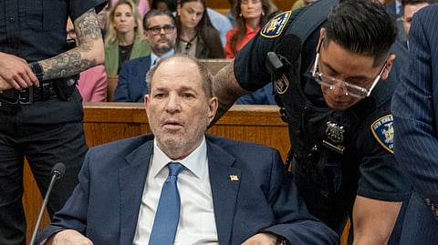 Former film producer Harvey Weinstein arrives at at Manhattan Criminal Court in New York on May 1, 2024, for a preliminary hearing after his rape conviction was overturned.