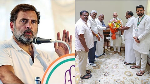 Congress leader Rahul Gandhi (R), PM Modi with JD(S) patriarch H D Deve Gowda, former Karnataka CM HD Kumaraswamy and Haasan MP Prajwal Revanna.