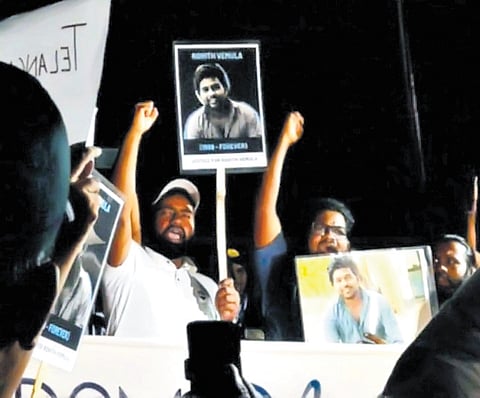 University of Hyderabad (UoH) students protest on the campus on Friday evening, condemning the police’s closure report on Rohith Vemula suicide case
