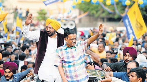 Delhi CM Arvind Kejriwal with his Punjab counterpart Bhagwant Mann.