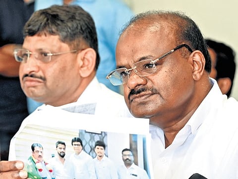 JDS state president HD Kumaraswamy addresses a press meet in Bengaluru on Tuesday