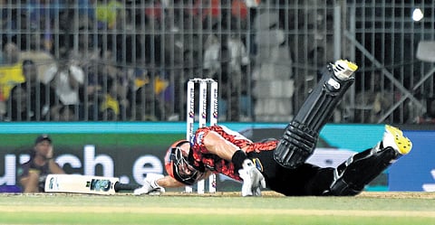 SRH’s Aiden Markram makes a desperate lunge to avoid a run out