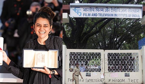 Director Payal Kapadia who recently won the Grand Prix award at the Cannes Film Festival this year (L); her alma mater Film and Television Institute of India (FTII)