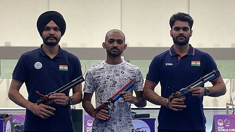 Sarabjot Singh (left) shot 584 to top the OSTÂ T4 qualification stage in the men's 10m air pistol category on Saturday