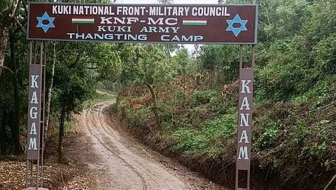 The KNF-MC had put up a signboard at the base of the Thangjing ching (hill), calling it “Thangting camp” of the “Kuki Army” (Photo | Special arrangement)