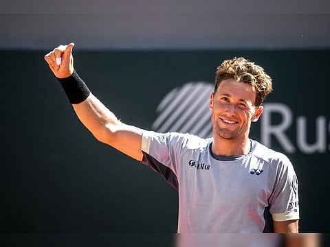 Norway's Casper Ruud reacts after winning the final match against Czech Republic's Tomas Machac at the ATP 250 Geneva Open tennis tournament in Geneva on May 25, 2024.