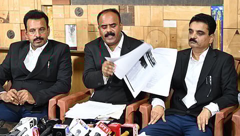 Advocate Devaraje Gowda addressing a press meet on the ongoing alleged pen drive issue of MP Prajwal Revanna