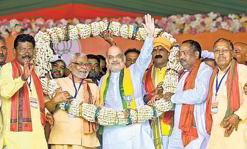 Home Minister Amit Shah at a public rally at Madhubani in Bihar on Thursday.