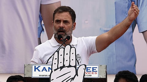 Congress leader and candidate from Rae Bareli constituency Rahul Gandhi addresses a public meeting at Dilshad Garden for the Lok Sabha election.