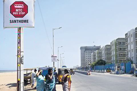 Passengers waiting at new bus shelter at Pattinampakkam Loop Road