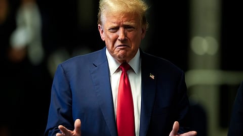 Former President Donald Trump speaks to members of the media before departing Manhattan criminal court, Monday, May 6, 2024, in New York.