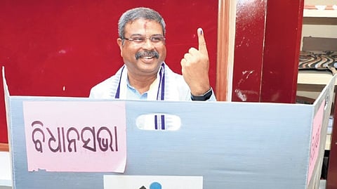 Union Education Minister Dharmendra Pradhan after casting his vote at a polling booth in Bhubaneswar