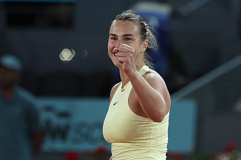 Belarus' Aryna Sabalenka celebrates beating Kazakhstan's Elena Rybakina during the 2024 WTA Tour Madrid Open tournament semifinal tennis match in Madrid on May 2, 2024.