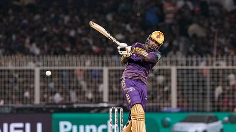Kolkata Knight Riders' Venkatesh Iyer plays a shot during an Indian Premier League (IPL) 2024 T20 cricket match between Kolkata Knight Riders and Mumbai Indians.