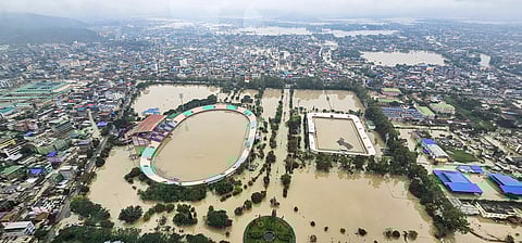 A flood-hit area following heavy rainfall in the aftermath of Cyclone Remal, in Imphal, Thursday, May 30, 2024.