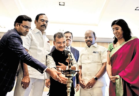 Officials light the lamp at a promotional event at Hyderabad on Tuesday for the upcoming Dakshin Bharat Utsav - 2024 | Sri Loganathan Velmurugan