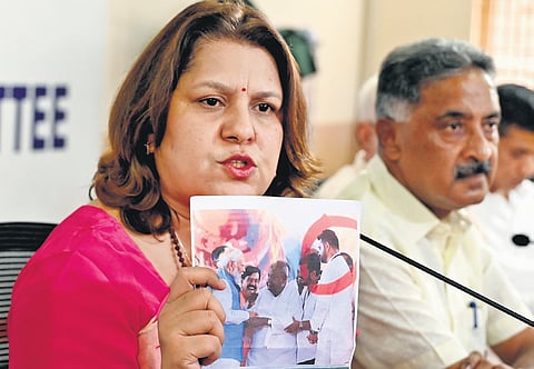 AICC media and communication chief Supriya Shrinate addresses the media at the KPCC office in Bengaluru on Wednesday.