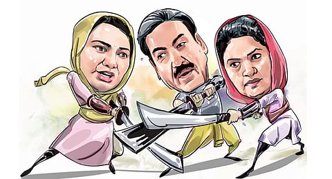 Sunaina Chautala (left), Ranjit Singh Chautala, and Naina Chautala