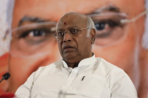 AICC President Mallikarjun Kharge during a presser at Hyderabad.