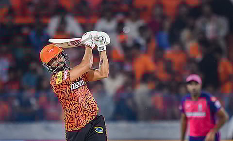 Sunrisers Hyderabad batter Nitish Reddy plays a shot during the IPL 2024 T20 cricket match between Sunrisers Hyderabad and Rajasthan Royals on May 2, 2024.