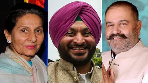 (L to R) Incumbent MPs Preneet Kaur, Ravneet Singh Bittu and Sushil Kumar Rinku will contest as BJP candidates in the 2024 Lok Sabha elections in Punjab.