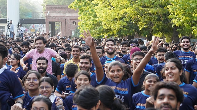 Students participate in Delhi University’s ‘Run for Viksit Bharat’ programme.