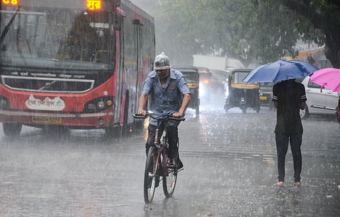 Vehicles move on a road amid rain, at Vashi, in Navi Mumbai.