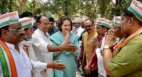 Congress General Secretary Priyanka Gandhi Vadra being welcomed by party leaders and workers during her election campaign for the Lok Sabha polls, in Rae Bareli, Thursday, May 9, 2024.