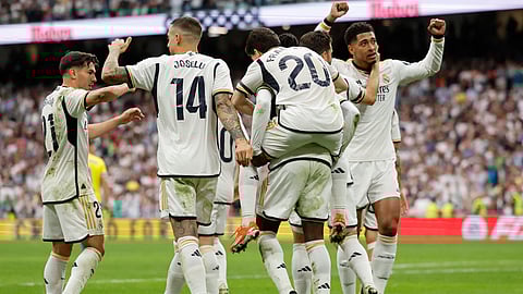 Real Madrid's Jude Bellingham celebrates scoring his team's second goal during the Spanish league football match between Real Madrid CF and Cadiz CF on May 4, 2024.