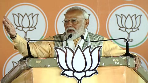 Prime Minister Narendra Modi addresses at a public meeting for Lok Sabha elections, in Jamshedpur.