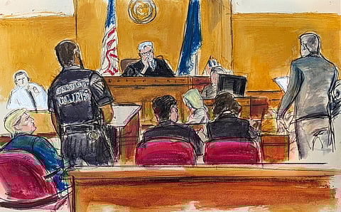 Donald Trump, far left, watches watches as jury foreperson #1 delivers guilty verdicts with judge Juan Merchan listening on the bench in Manhattan Criminal Court, Thursday, May 30, 2024, in New York.