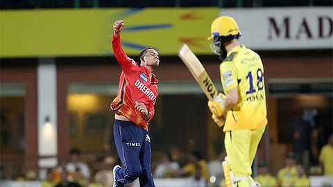 Punjab Kings bowler Rahul Chahar celebrates the wicket of Chennai Super Kings batter Moeen Ali during an IPL 2024 match at the MA Chidambaram stadium in Chennai on Wednesday.
