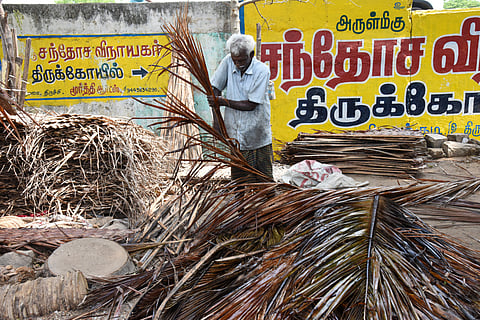 A worker sorting coconut fronds at Vayalur road in Tiruchy.