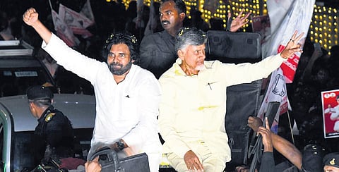 TDP supremo Chandrababu Naidu and Jana Sena Party chief Pawan Kalyan during a roadshow in Nellore on Friday