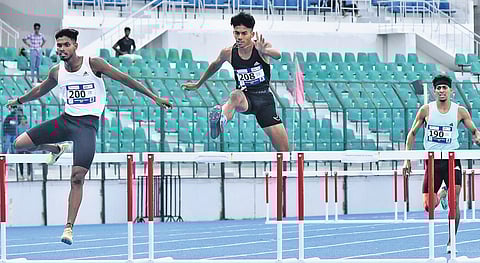 The men in action during the 400m hurdles event in Chennai on Thursday
