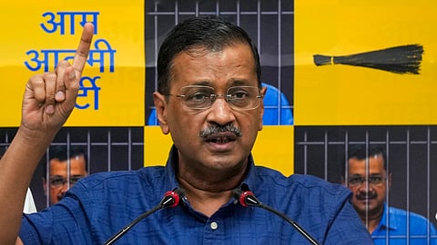 Arvind Kejriwal addressing a press conference, in New Delhi, on Sunday, May 12, 2024.