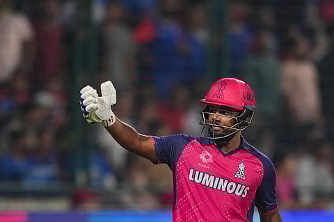 Rajasthan Royals batter Sanju Samson gestures during the IPL 2024 cricket match between Delhi Capitals and Rajasthan Royals on Tuesday, May 7, 2024.