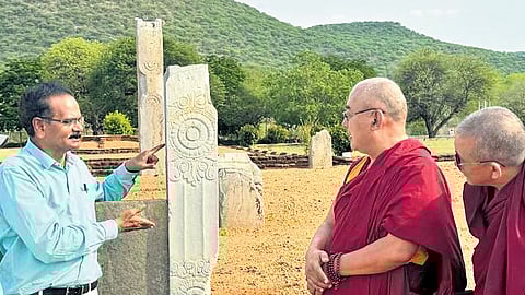 Pleach India Foundation CEO E Sivanagi Reddy with the Tibetan Buddhist monks at Nagarjunakonda