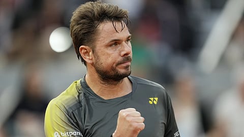 Switzerland's Stan Wawrinka reacts during his first round match against Britain's Andy Murray during the French Open tennis tournament at the Roland Garros stadium in Paris, Sunday, May 26, 2024.