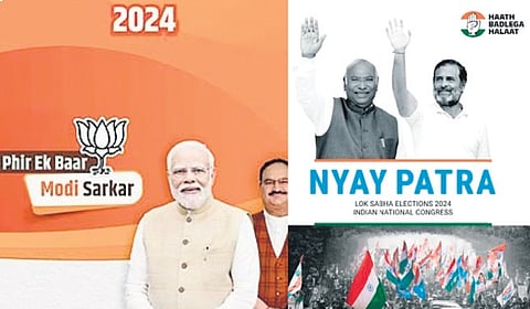 A collage of the front page of the BJP and Congress manifestos for the 2024 Lok Sabha polls.