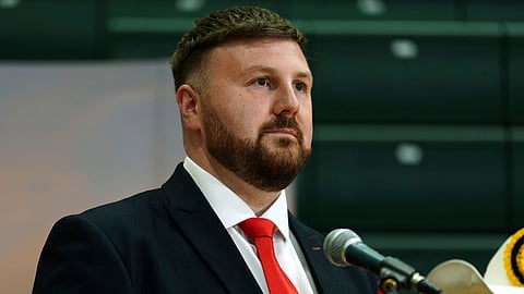 Labour candidate Chris Webb celebrates after winning the Blackpool South by-election following the count at Blackpool Sports Centre in Blackpool, Britain.