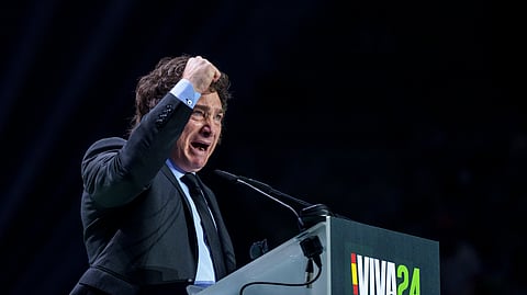 Argentina's president Javier Milei gestures as he delivers a speech on stage during the Spanish far-right wing party Vox's rally "Europa Viva 24" in Madrid, Spain, on Sunday, May 19, 2024.